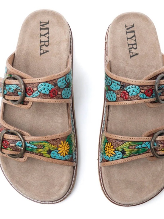 Myra Bag Shoes - Myra Rio Verde Handtooled Leather Sandals In Agave Blue - Size 10